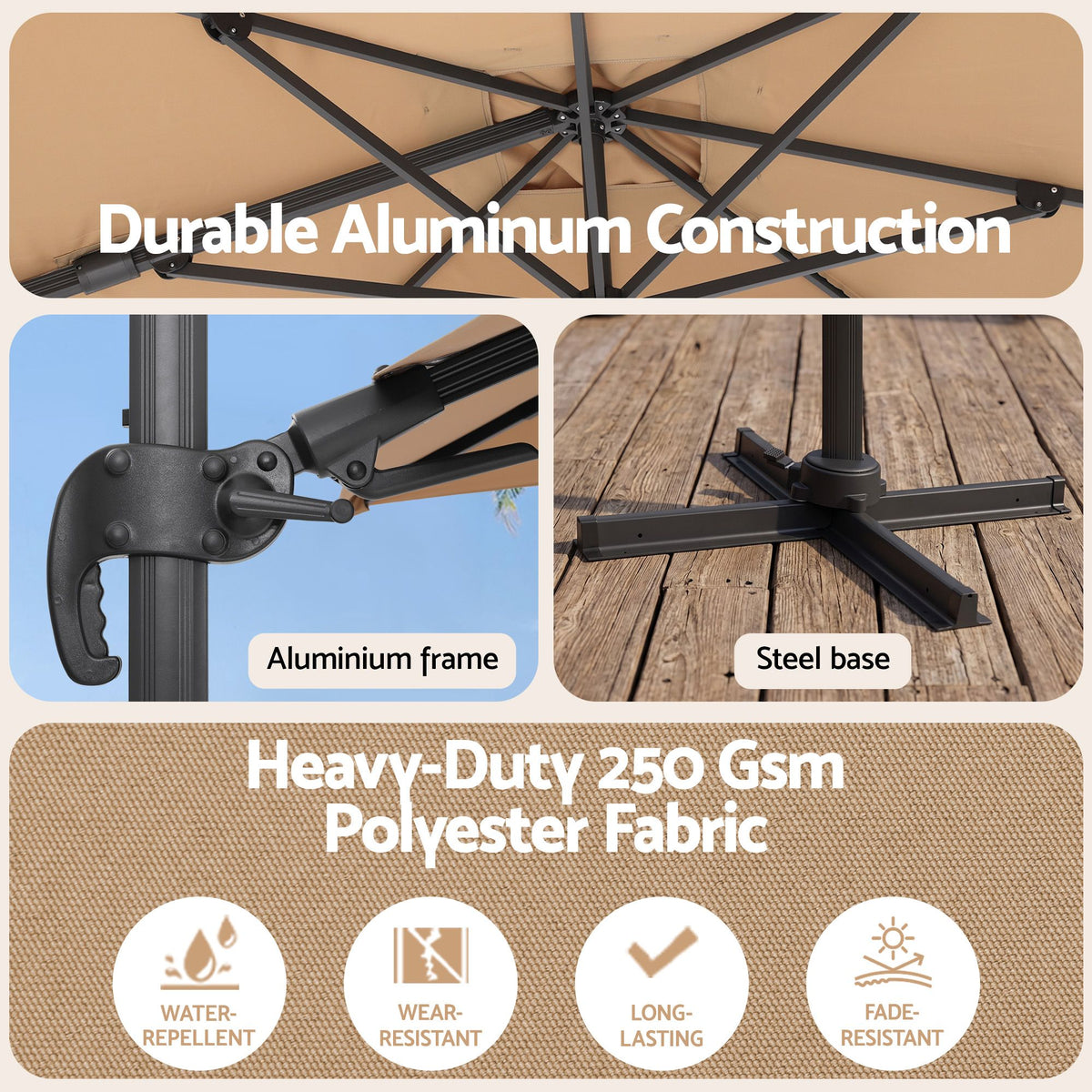 Instahut 3m Cantilever Umbrella with Base – Beige — frame, base and fabric detail collage