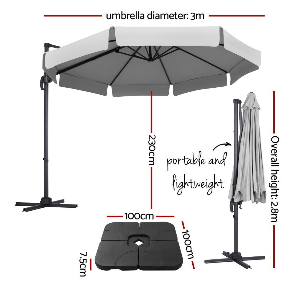 Outdoor Cantilever Umbrella – 3m Grey UV50+ with Base and 360° Tilt