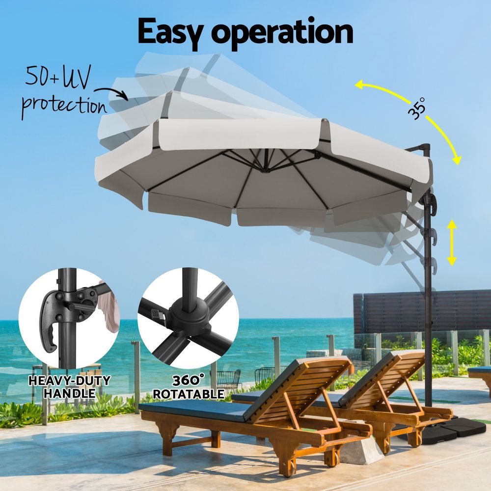 Outdoor Cantilever Umbrella – 3m Grey UV50+ with Base and 360° Tilt