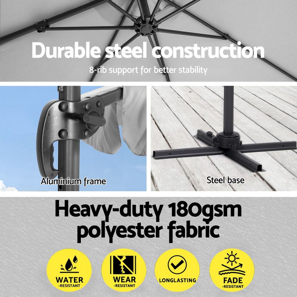 Outdoor Cantilever Umbrella – 3m Grey UV50+ with Base and 360° Tilt