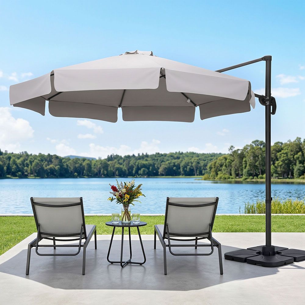 Outdoor Cantilever Umbrella – 3m Grey UV50+ with Base and 360° Tilt