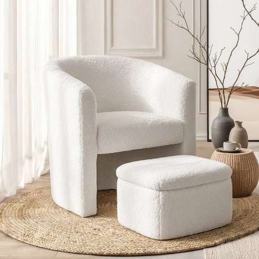 Armchair with Storage Ottoman – Boucle Fabric, White