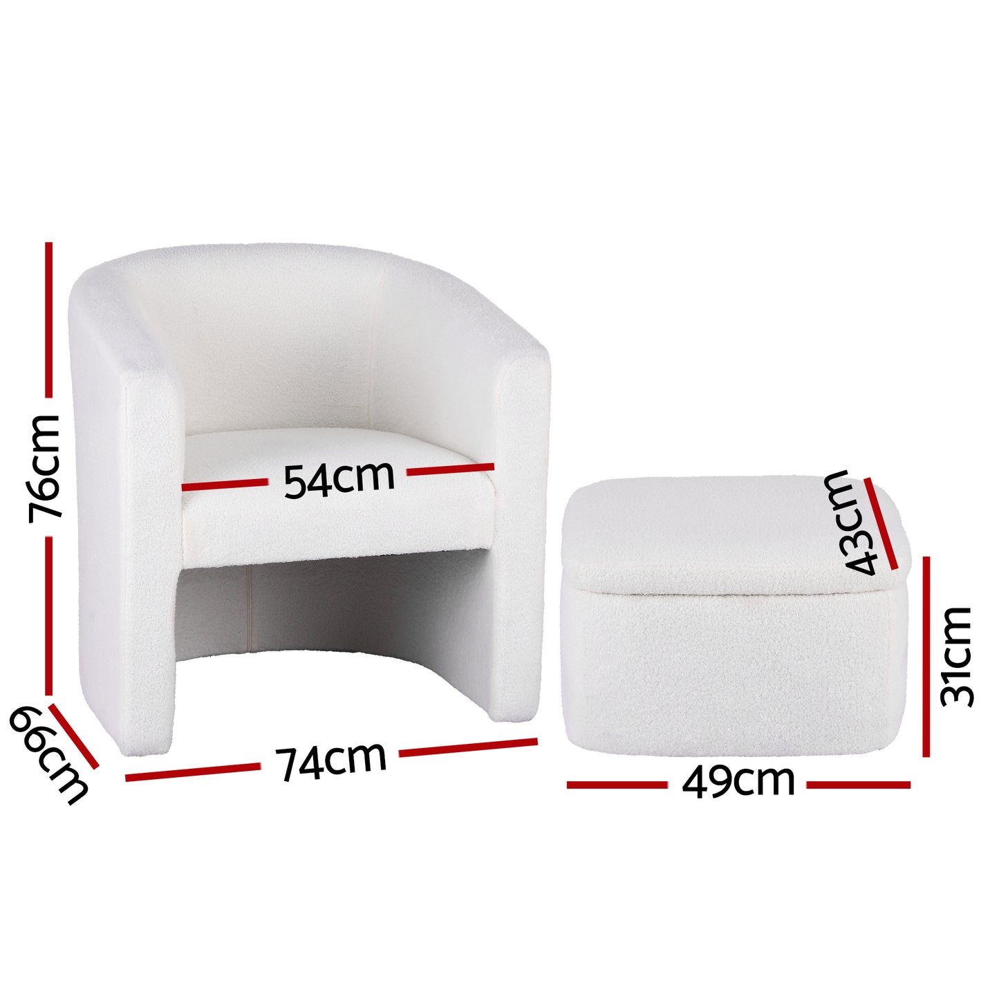Armchair with Storage Ottoman – Boucle Fabric, White