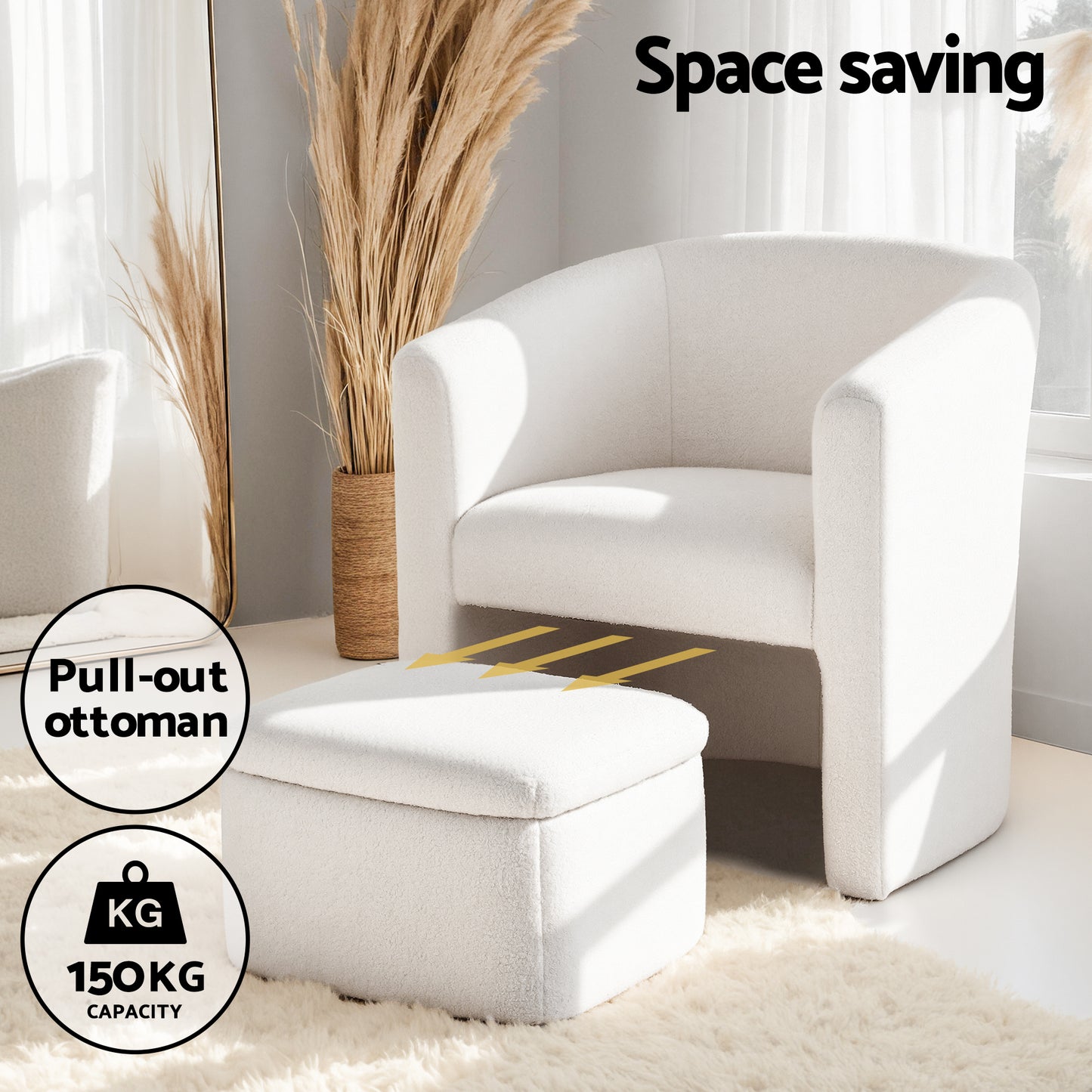 Armchair with Storage Ottoman – Boucle Fabric, White