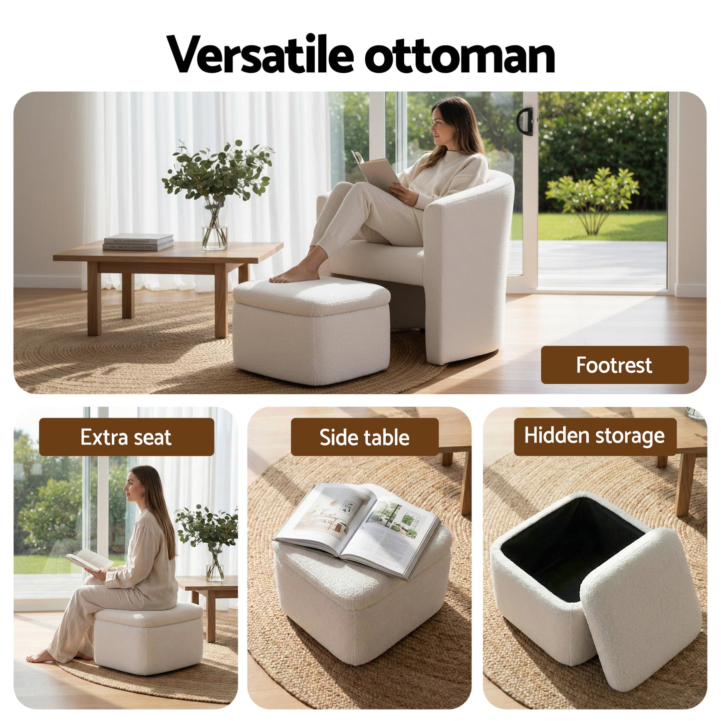 Armchair with Storage Ottoman – Boucle Fabric, White