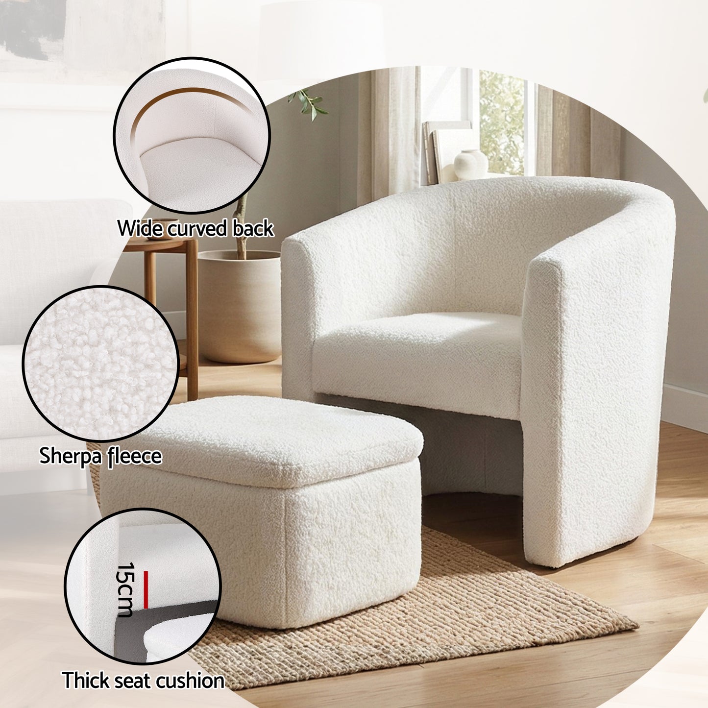 Armchair with Storage Ottoman – Boucle Fabric, White