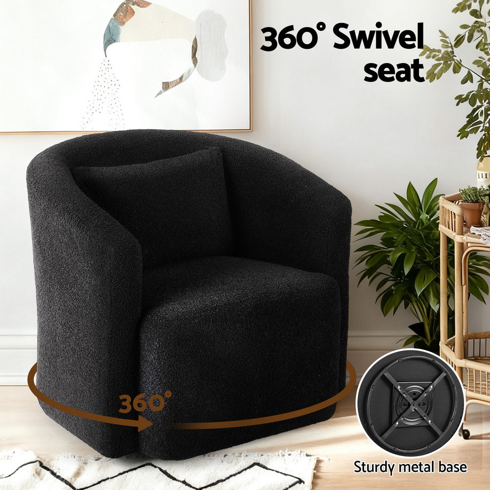 Round Swivel Armchair – Sherpa Fleece, Black