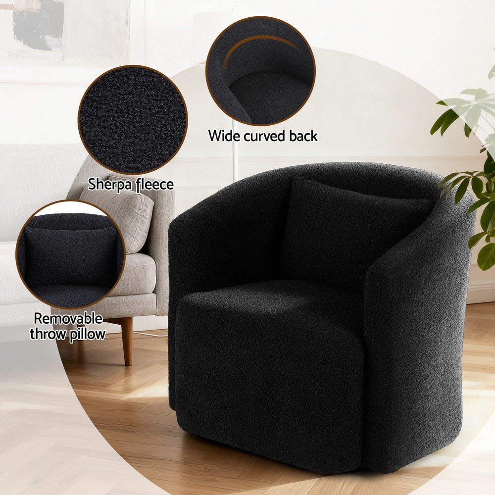 Round Swivel Armchair – Sherpa Fleece, Black