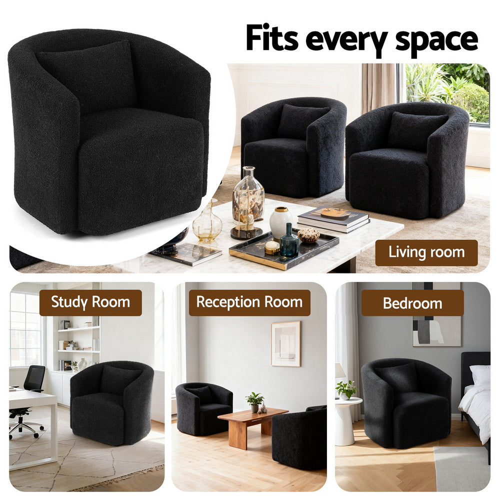 Round Swivel Armchair – Sherpa Fleece, Black