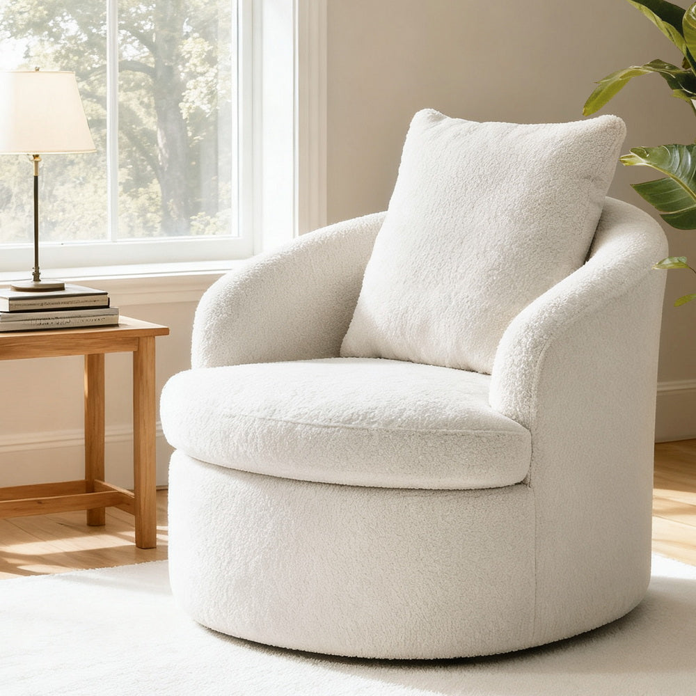 Round Swivel Armchair – Sherpa Fleece, White with Extra Pillow