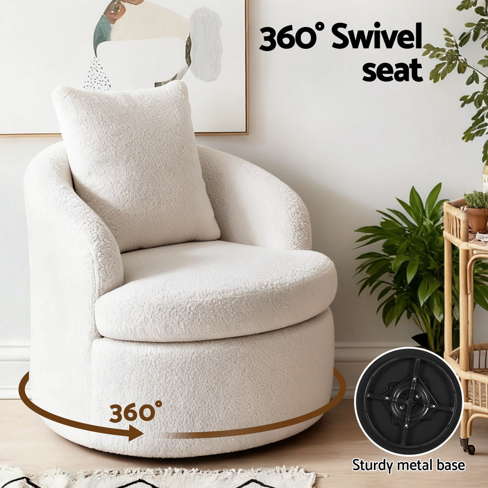 Round Swivel Armchair – Sherpa Fleece, White with Extra Pillow