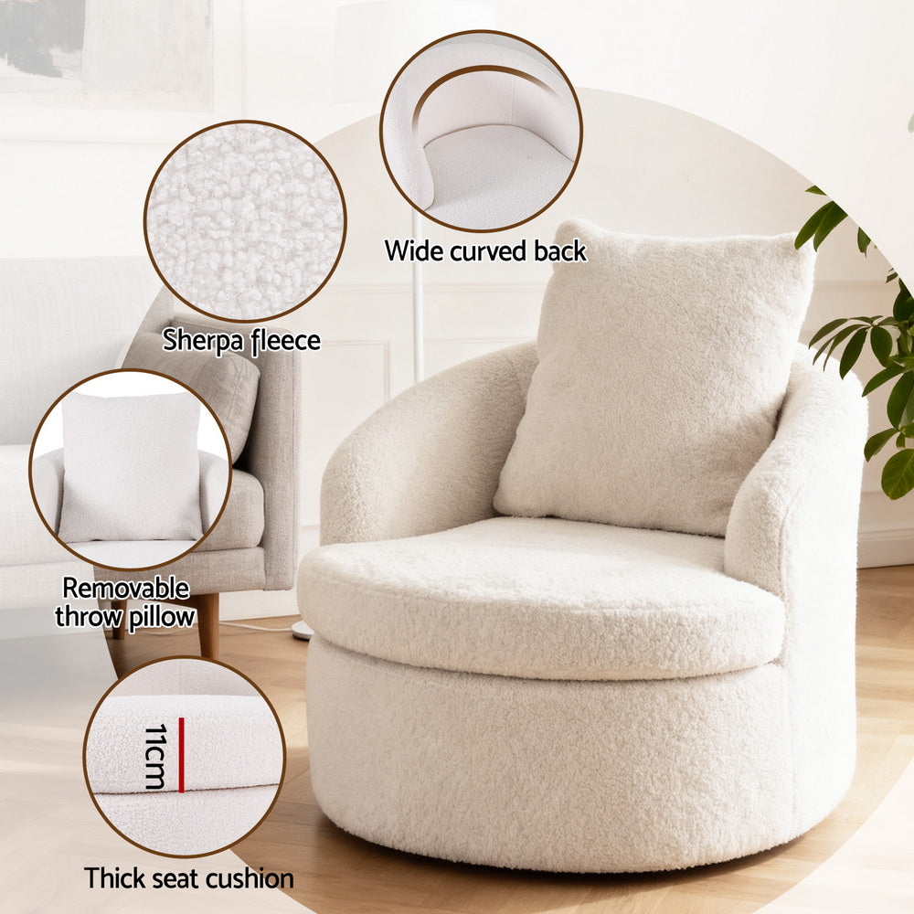 Round Swivel Armchair – Sherpa Fleece, White with Extra Pillow
