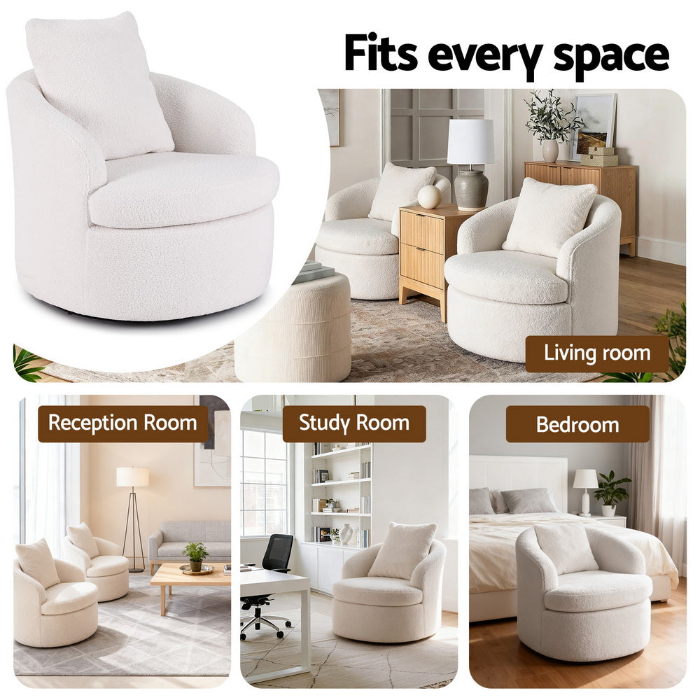 Round Swivel Armchair – Sherpa Fleece, White with Extra Pillow
