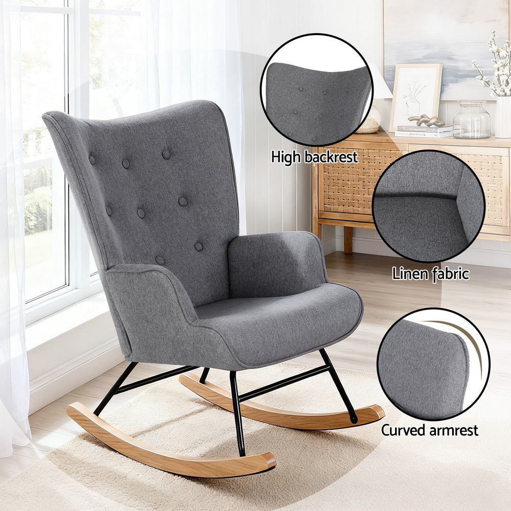 Rocking Armchair – Linen Fabric, Grey