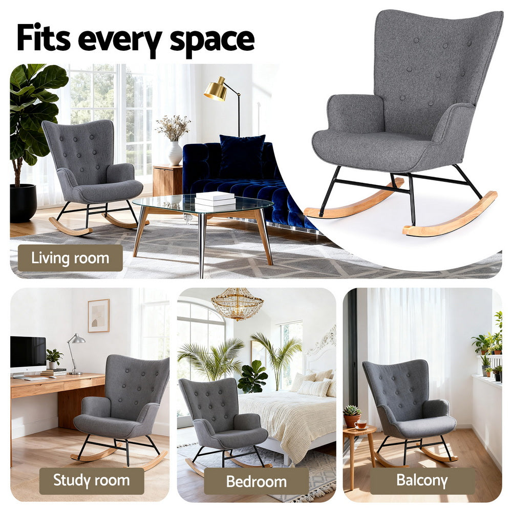 Rocking Armchair – Linen Fabric, Grey