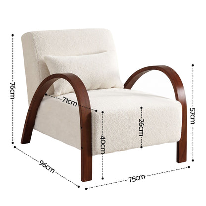 TWSC Teddy Fabric Armchair with Bentwood Arms – Beige — chair, seat and arm-height dimension diagram
