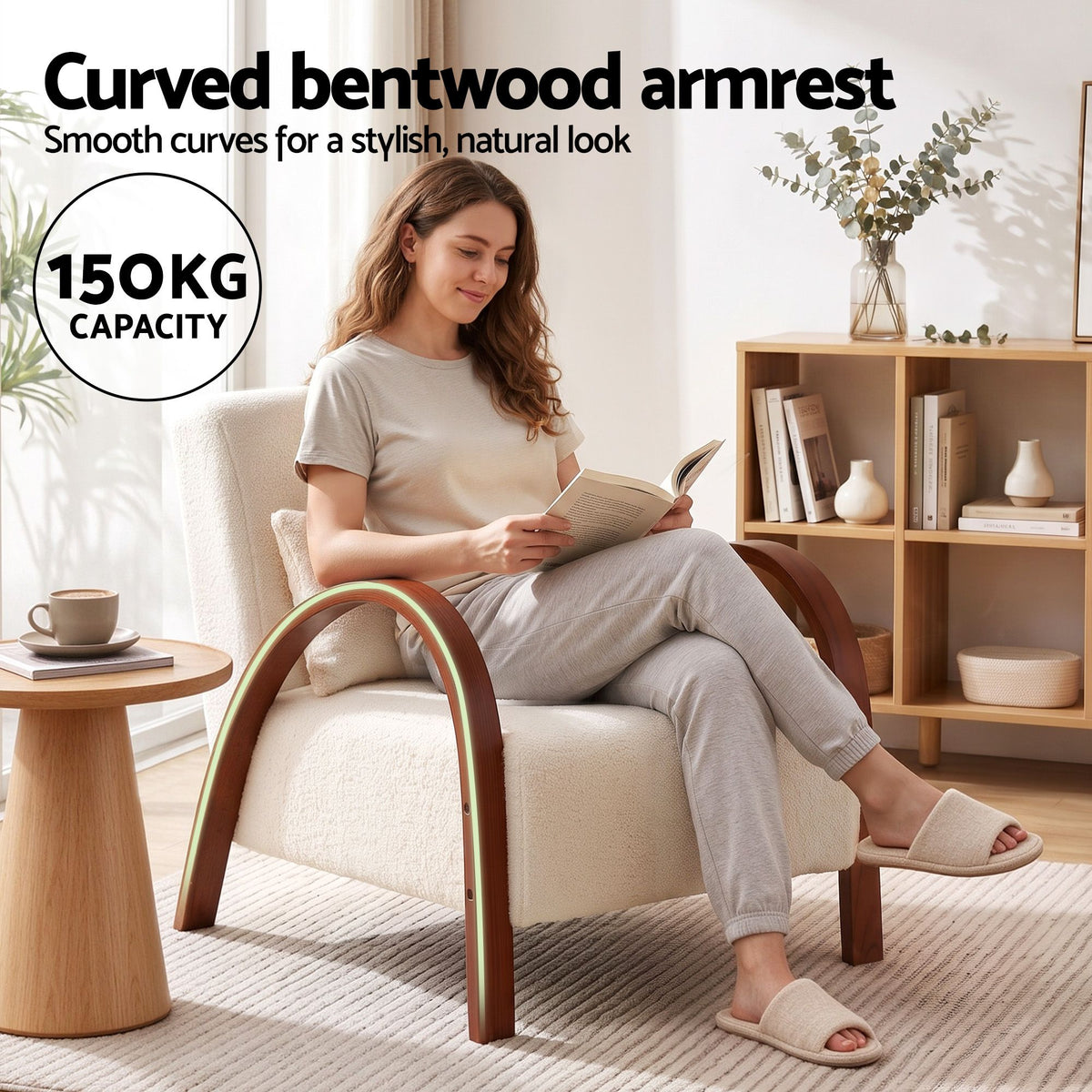 TWSC Teddy Fabric Armchair with Bentwood Arms – Beige — person seated with curved-arm feature heading