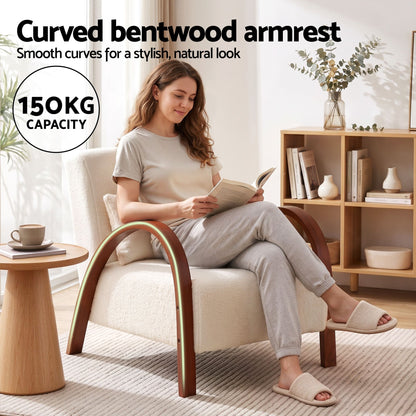 TWSC Teddy Fabric Armchair with Bentwood Arms – Beige — person seated with curved-arm feature heading