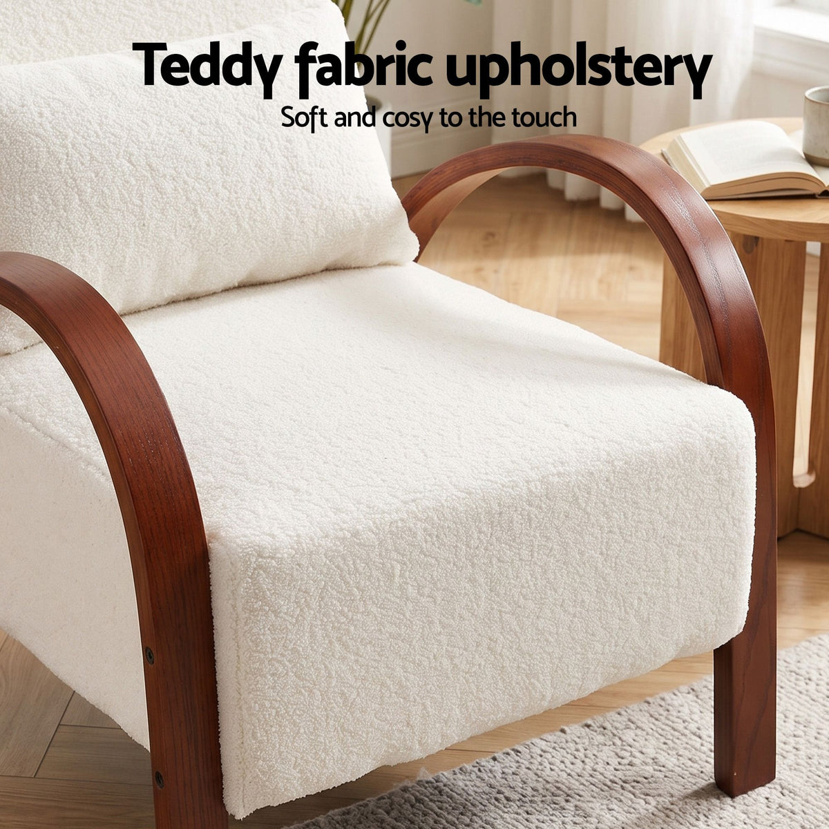TWSC Teddy Fabric Armchair with Bentwood Arms – Beige — upholstery close-up with fabric heading