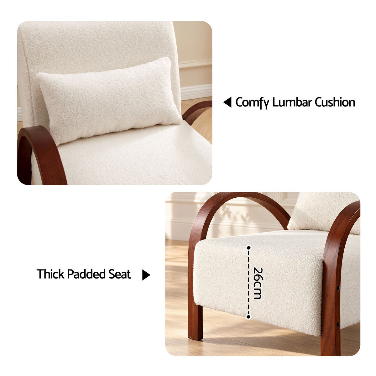 TWSC Teddy Fabric Armchair with Bentwood Arms – Beige — lumbar cushion and seat-padding details