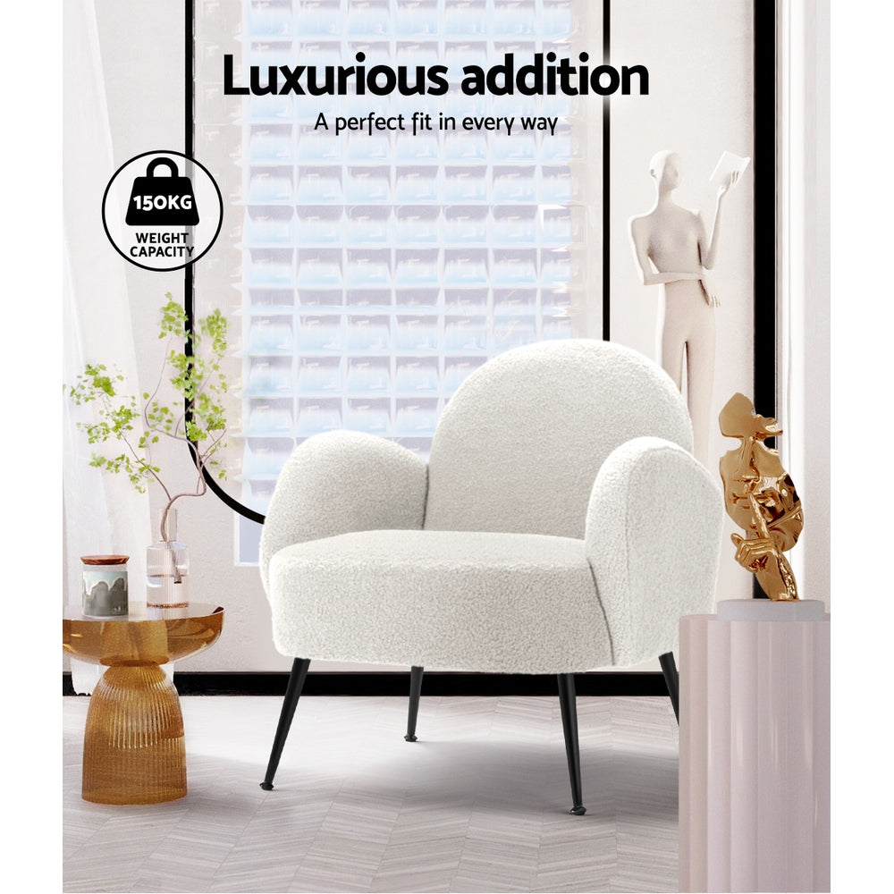 Hanes Armchair – Sherpa Upholstery, White, Steel Legs