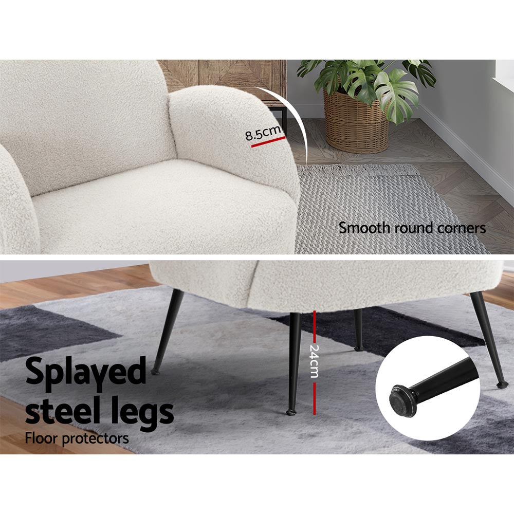 Hanes Armchair – Sherpa Upholstery, White, Steel Legs
