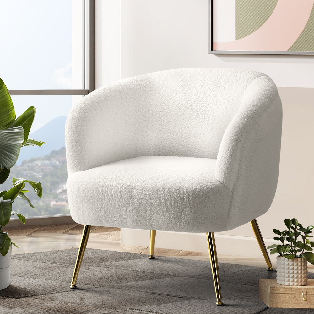Carneiro Armchair – Sherpa Upholstery, White, Gold Steel Legs