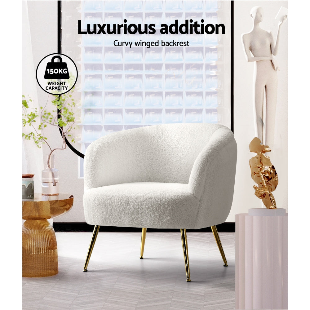 Carneiro Armchair – Sherpa Upholstery, White, Gold Steel Legs