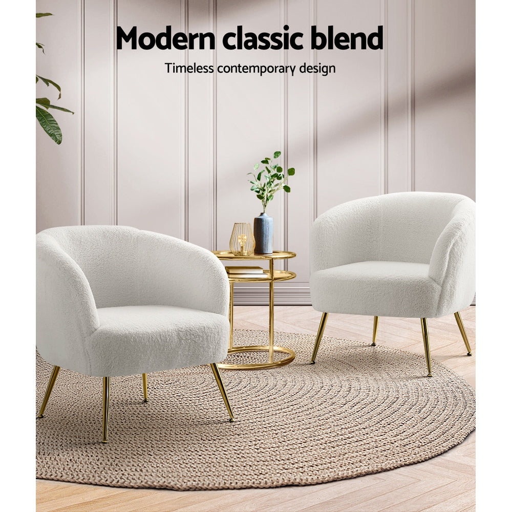 Carneiro Armchair – Sherpa Upholstery, White, Gold Steel Legs