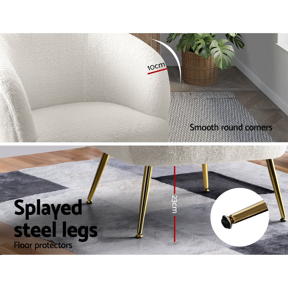 Carneiro Armchair – Sherpa Upholstery, White, Gold Steel Legs