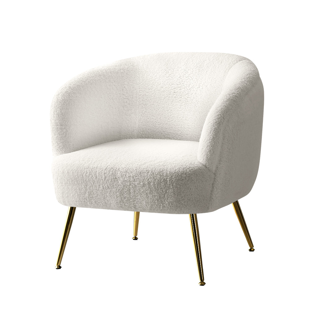 Carneiro Armchair – Sherpa Upholstery, White, Gold Steel Legs