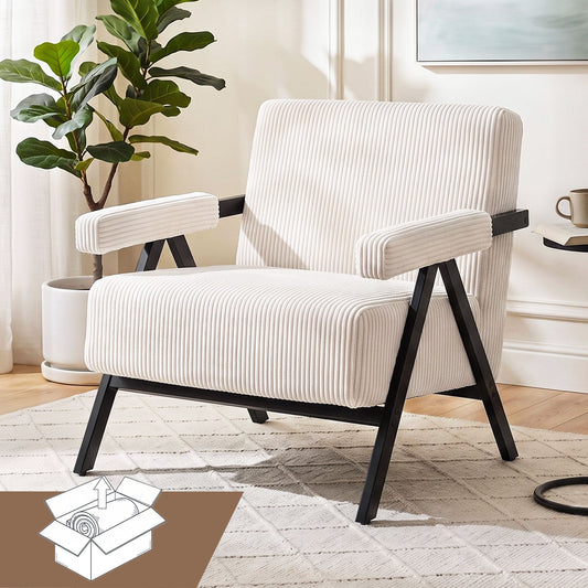 TWSC Compressed Armchair White Corduroy Accent Chair for Small Space