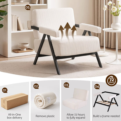 TWSC Compressed Armchair White Corduroy Accent Chair for Small Space
