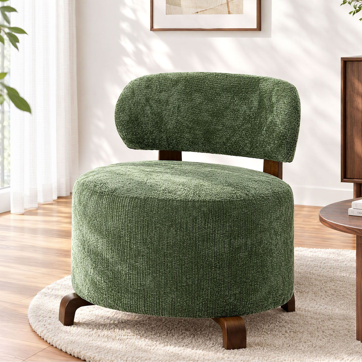 TWSC Curved-Back Linen Armchair – Green — green curved-back chair in a furnished living room