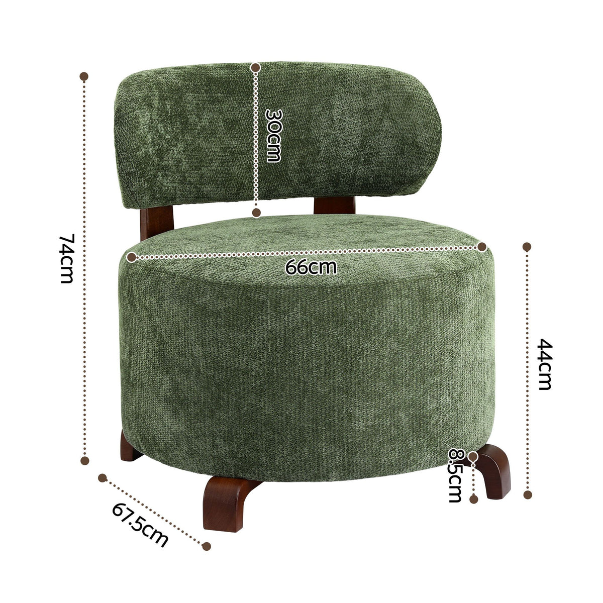 TWSC Curved-Back Linen Armchair – Green — chair, seat and backrest dimension diagram