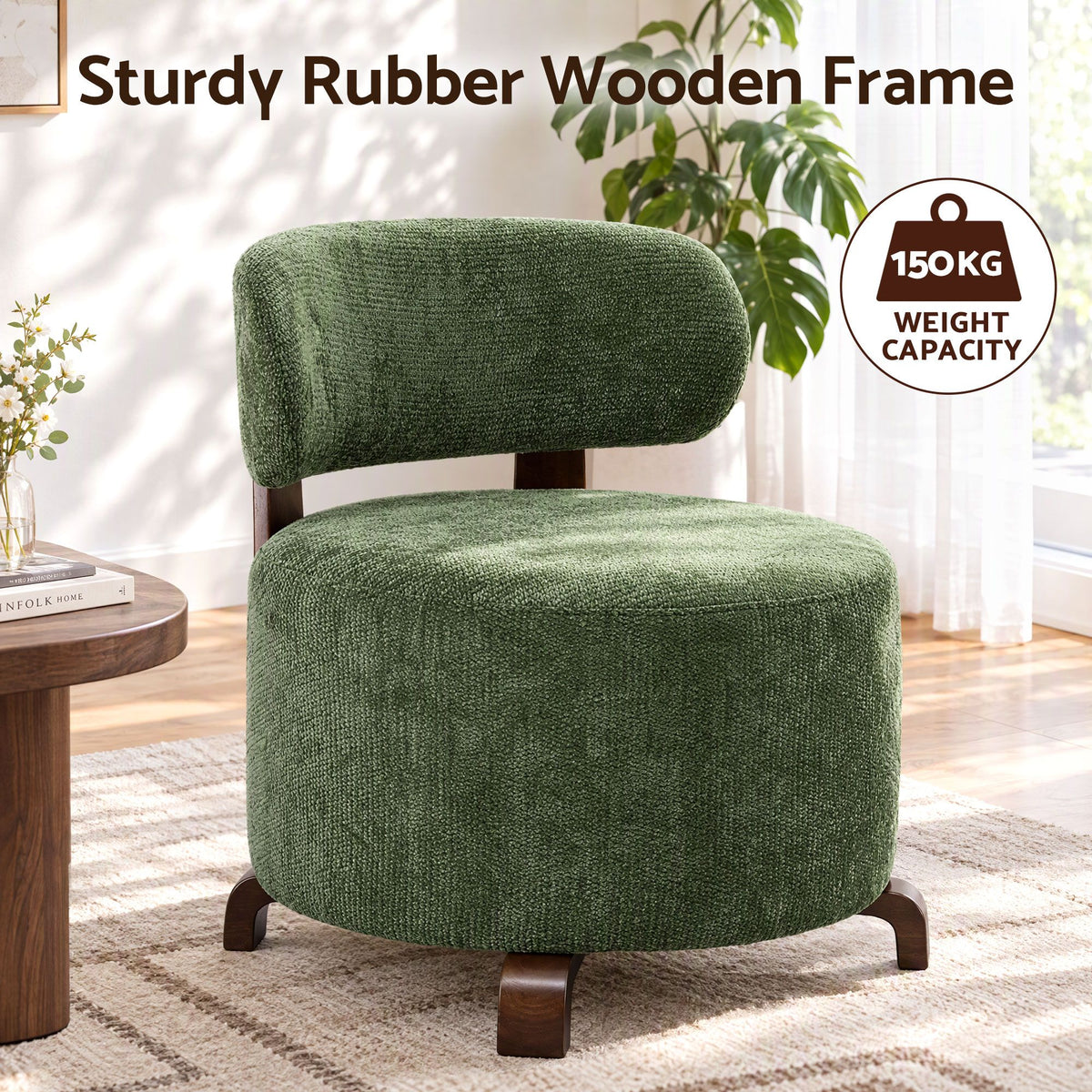 TWSC Curved-Back Linen Armchair – Green — chair-frame feature infographic