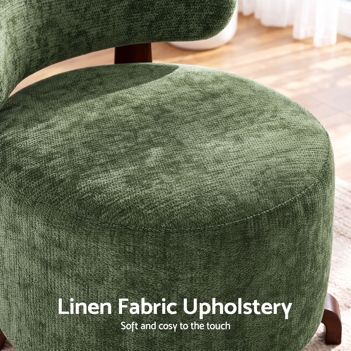 TWSC Curved-Back Linen Armchair – Green — upholstery close-up with fabric heading