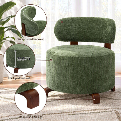 TWSC Curved-Back Linen Armchair – Green — backrest, seat and leg detail callouts