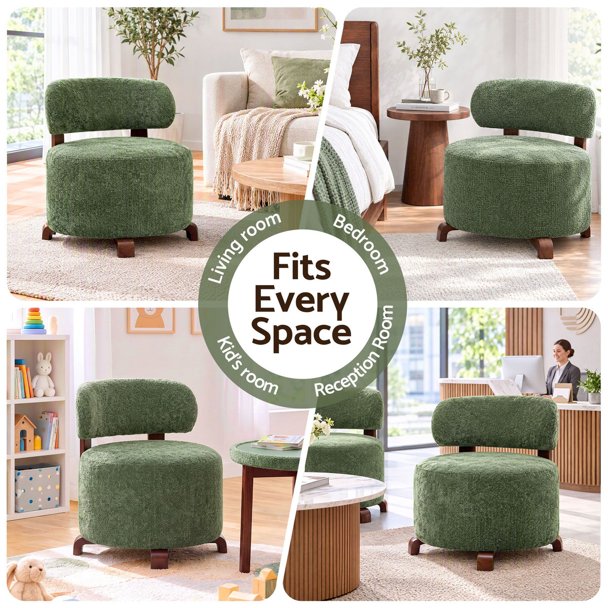 TWSC Curved-Back Linen Armchair – Green — living room, bedroom and reception setting collage