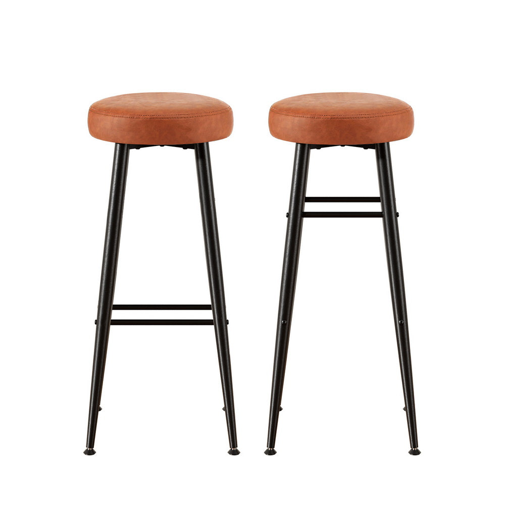 TWSC 2x Bar Stools Kitchen Dining Chairs Counter Round PU Leather Lane Brown