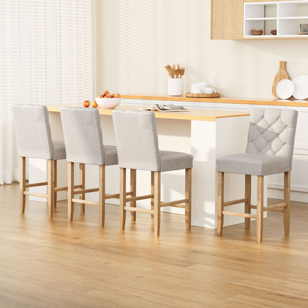 TWSC 4x Bar Stools Linen Upholstered Chairs