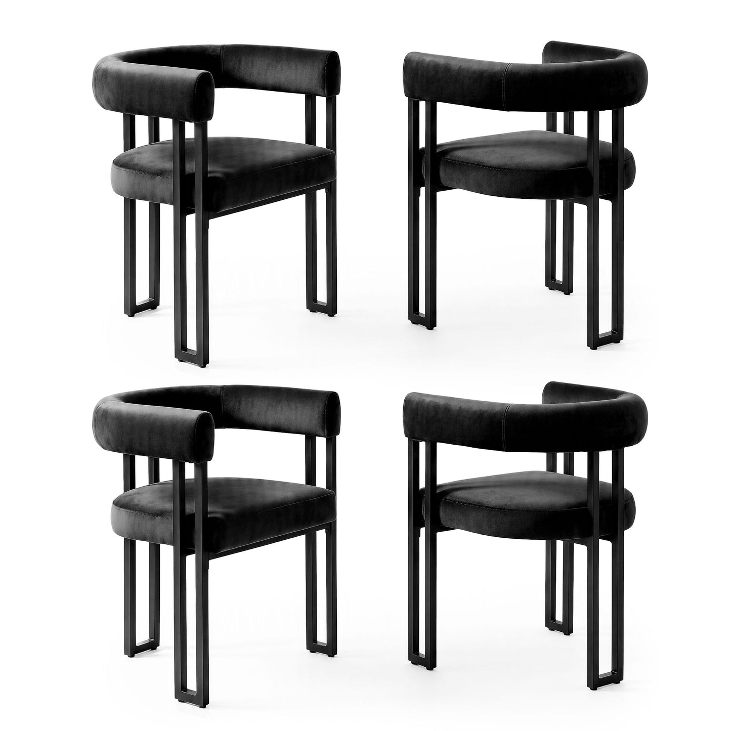 TWSC Dining Chairs Set of 4 Velvet Upholstered Barrel Chairs with Curved Armrests & Back Black