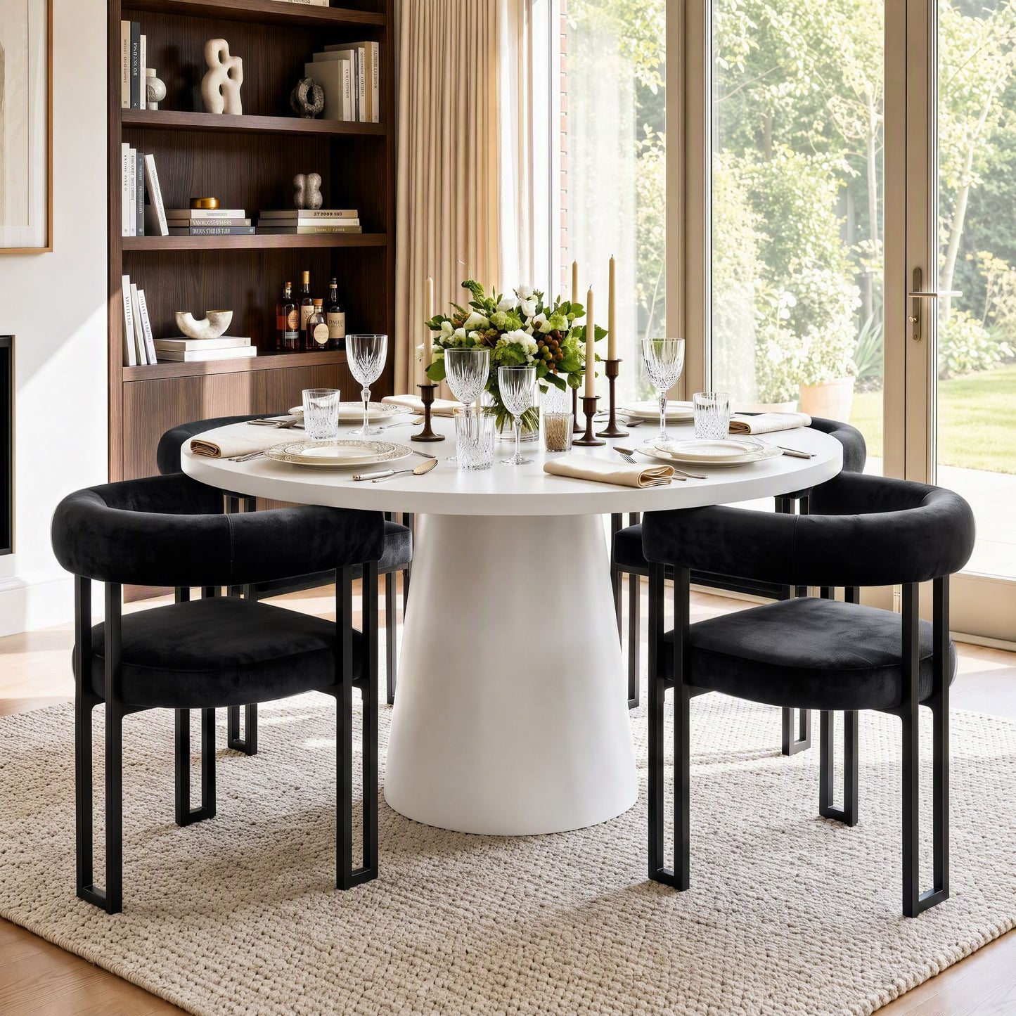TWSC Dining Chairs Set of 4 Velvet Upholstered Barrel Chairs with Curved Armrests & Back Black