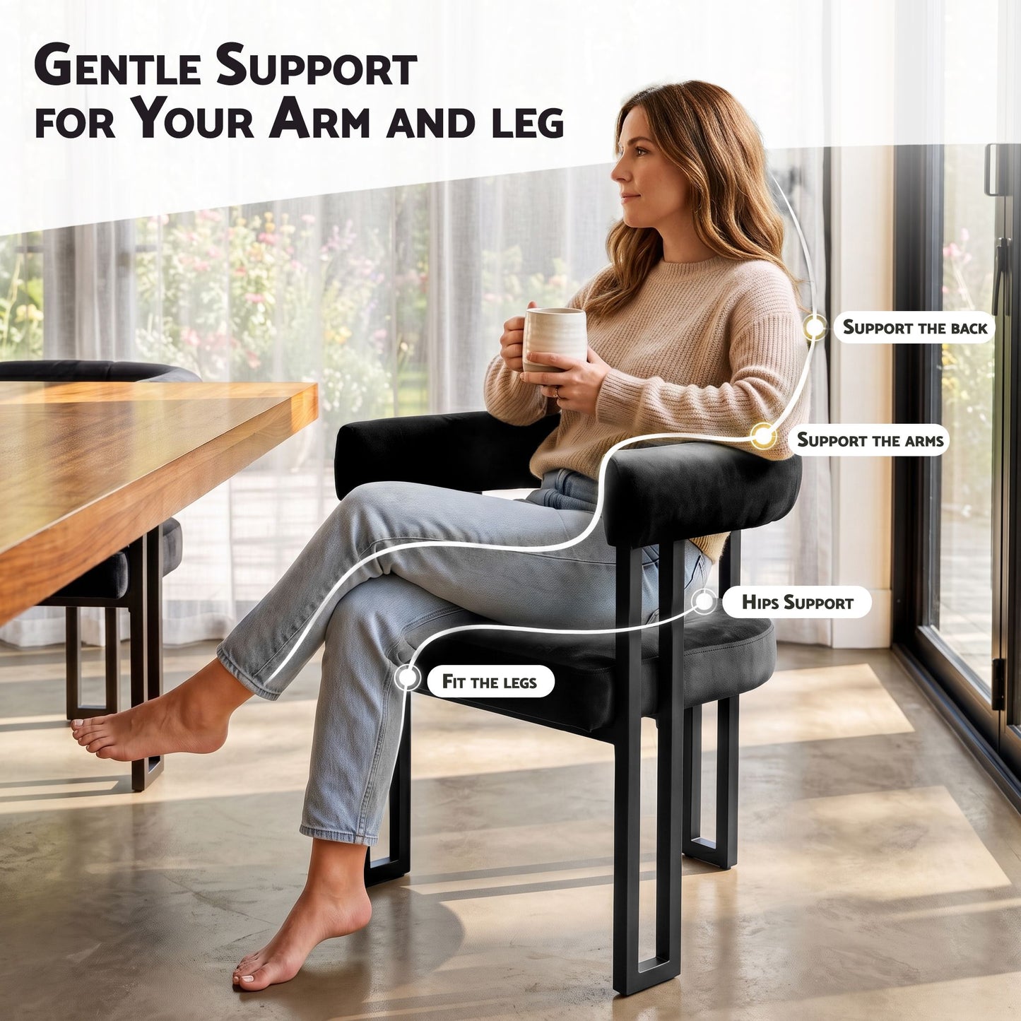 TWSC Dining Chairs Set of 4 Velvet Upholstered Barrel Chairs with Curved Armrests & Back Black