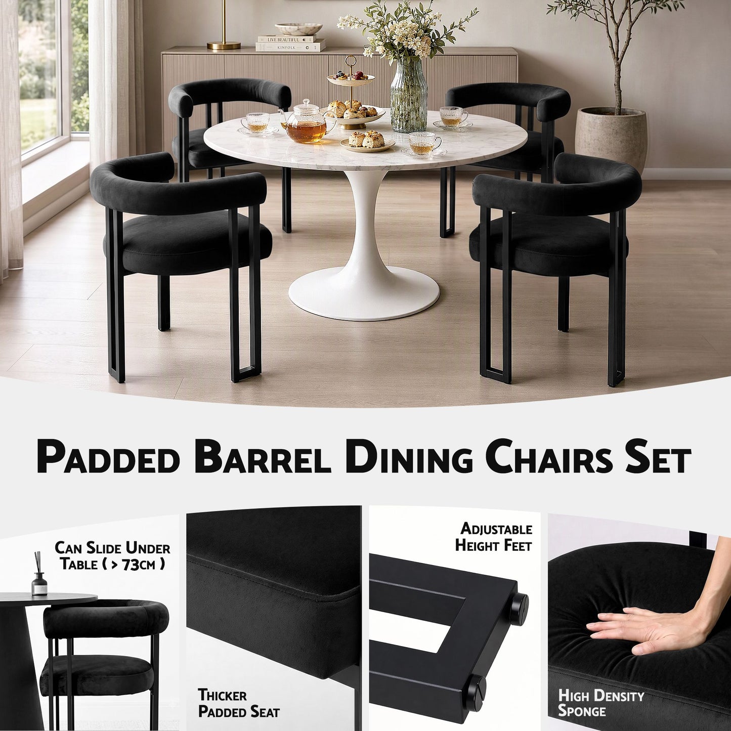 TWSC Dining Chairs Set of 4 Velvet Upholstered Barrel Chairs with Curved Armrests & Back Black