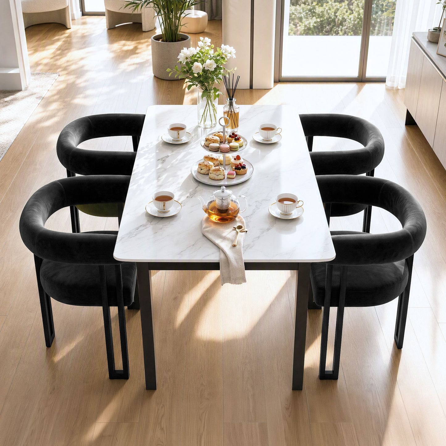 TWSC Dining Chairs Set of 4 Velvet Upholstered Barrel Chairs with Curved Armrests & Back Black
