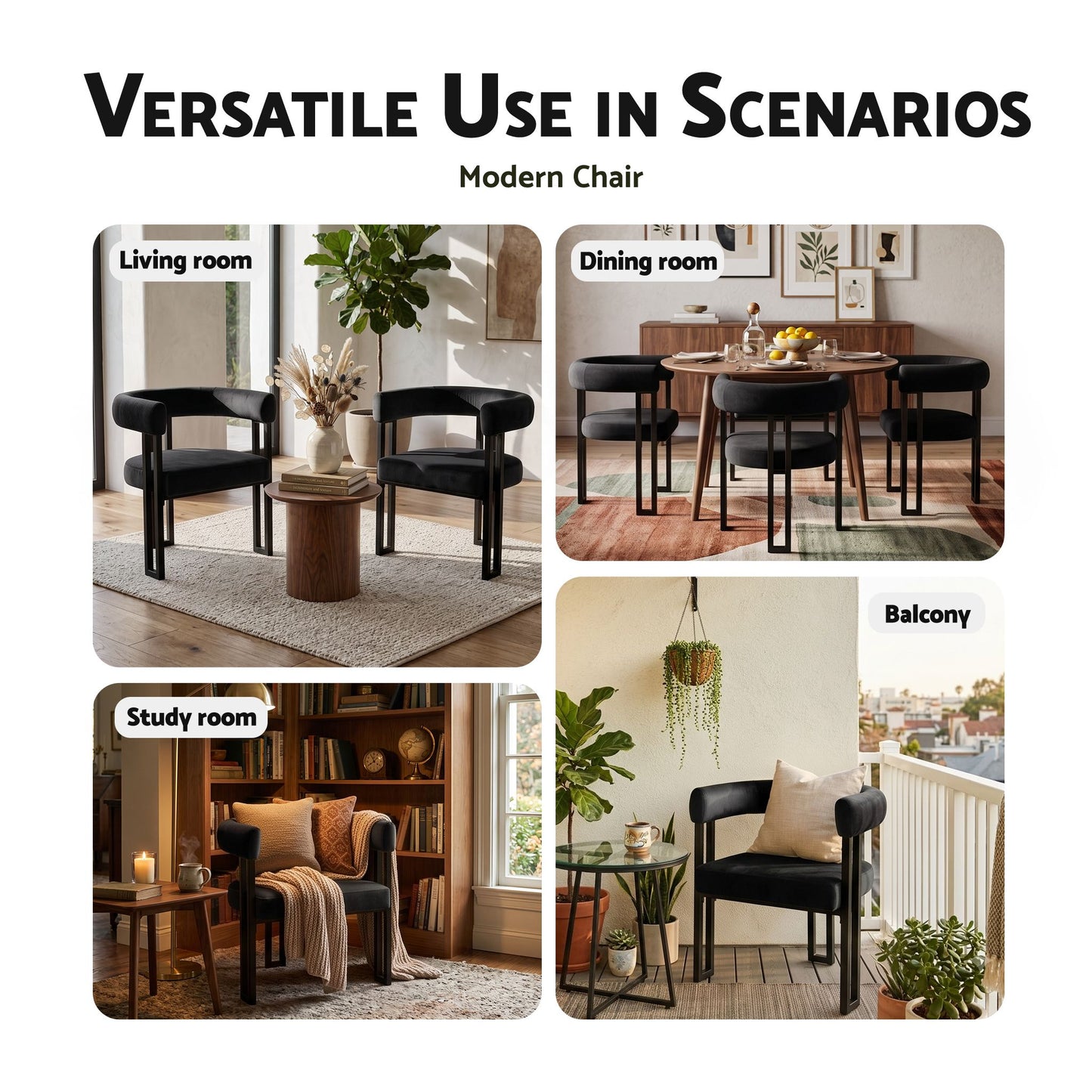 TWSC Dining Chairs Set of 4 Velvet Upholstered Barrel Chairs with Curved Armrests & Back Black