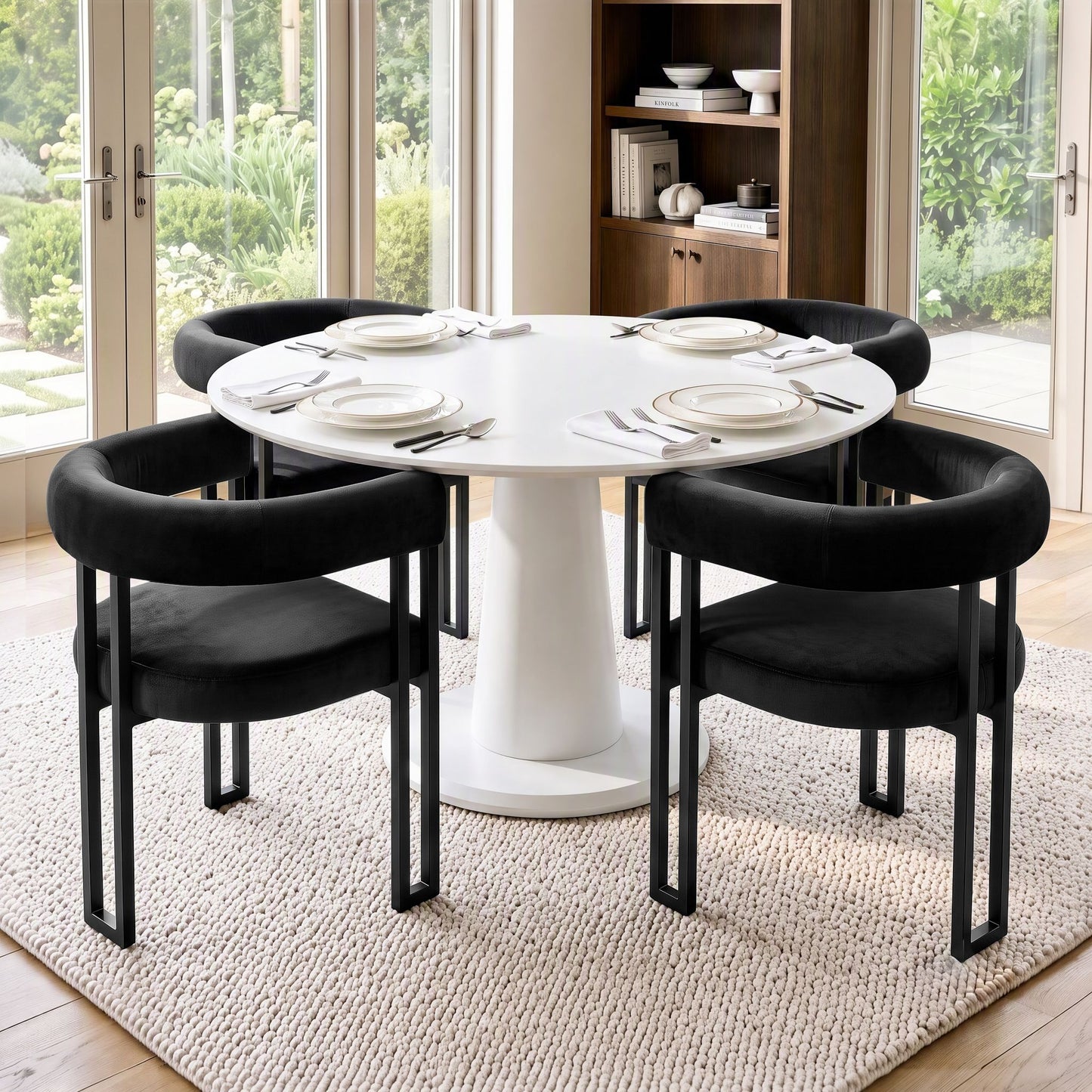 TWSC Dining Chairs Set of 4 Velvet Upholstered Barrel Chairs with Curved Armrests & Back Black