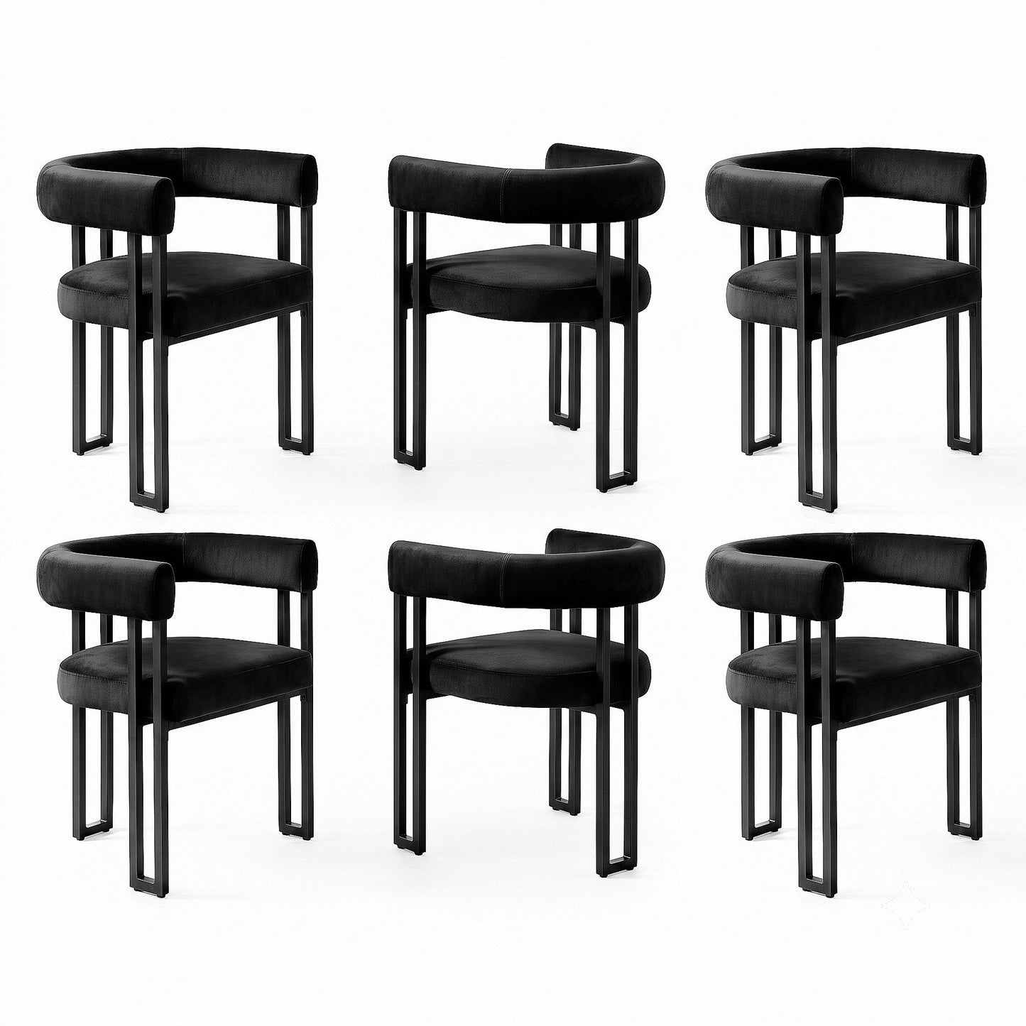 TWSC Dining Chairs Set of 6 Velvet Upholstered Barrel Chairs with Curved Armrests & Back Black