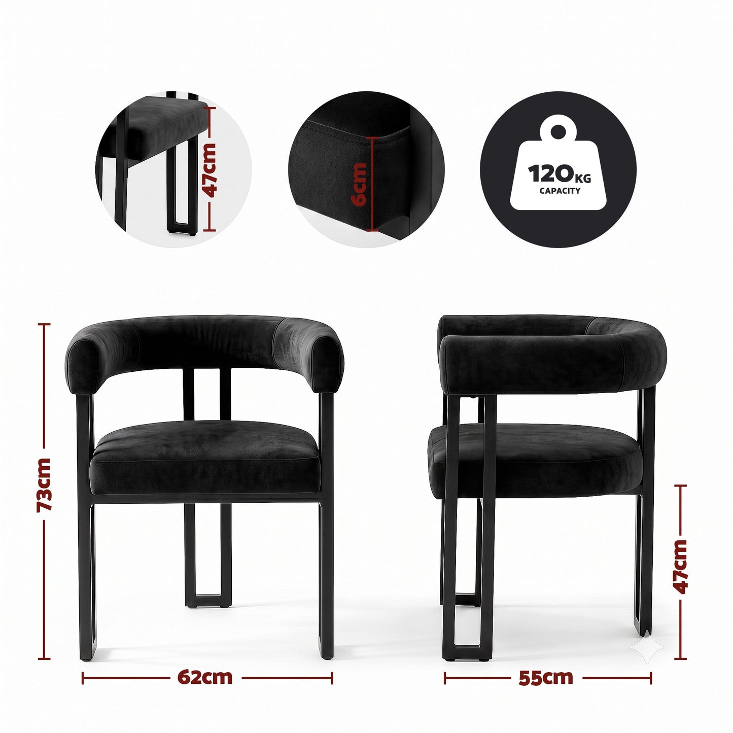 TWSC Dining Chairs Set of 6 Velvet Upholstered Barrel Chairs with Curved Armrests & Back Black